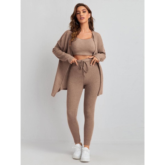 3 piece set: Waffle Knit Tank Top & Leggings & Coat cardigan tan gray - Picture 9 of 16